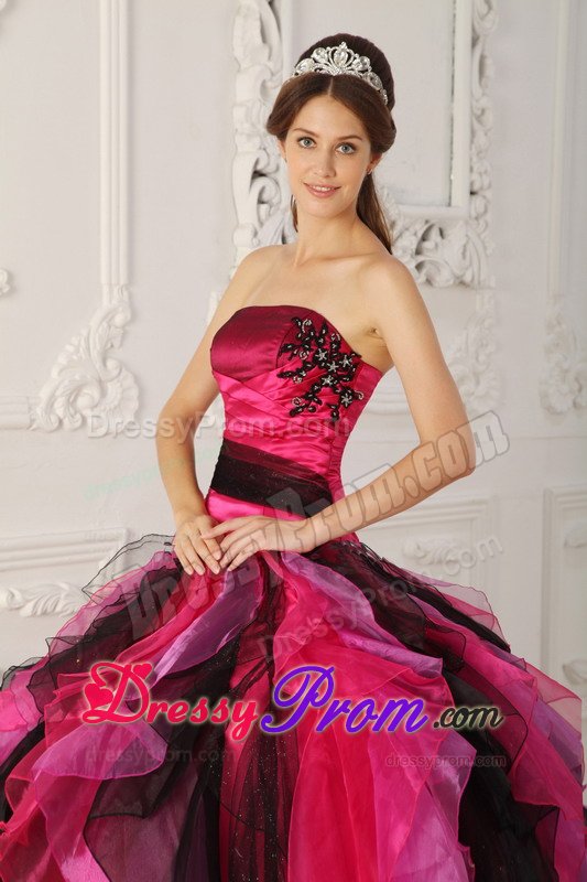 Black and Hot Pink Sweet 15 Dresses with Appliques and Ruffles