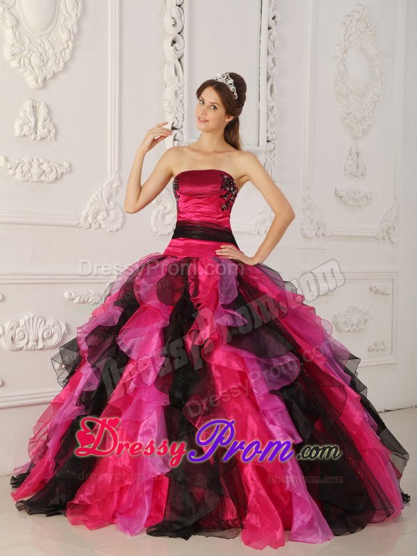 Black and Hot Pink Sweet 15 Dresses with Appliques and Ruffles