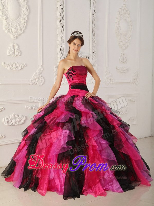 Black and Hot Pink Sweet 15 Dresses with Appliques and Ruffles