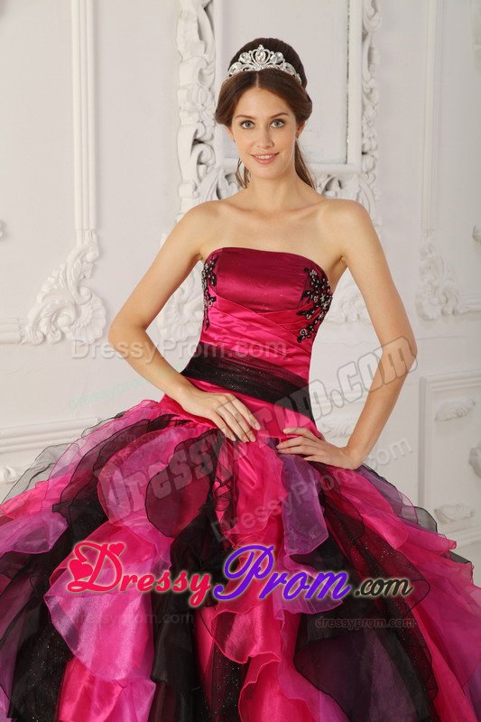 Black and Hot Pink Sweet 15 Dresses with Appliques and Ruffles