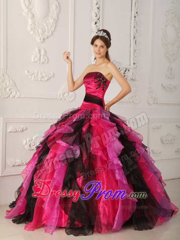 Black and Hot Pink Sweet 15 Dresses with Appliques and Ruffles