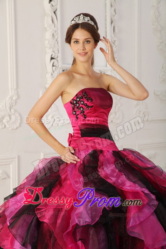 Black and Hot Pink Sweet 15 Dresses with Appliques and Ruffles