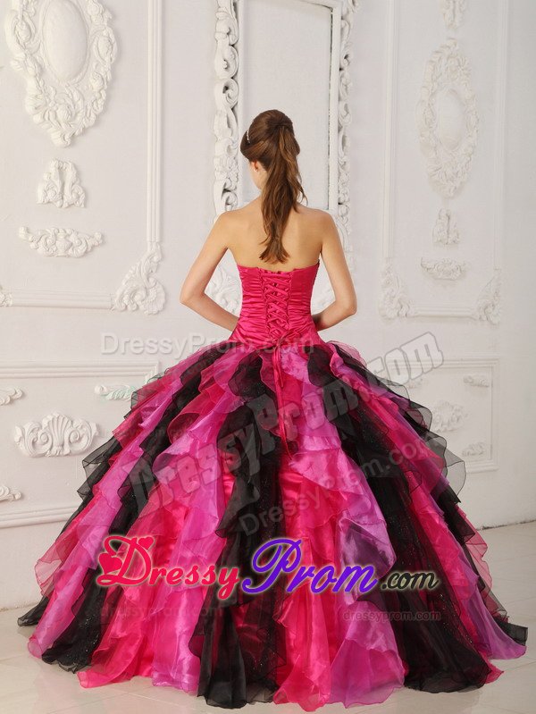 Black and Hot Pink Sweet 15 Dresses with Appliques and Ruffles