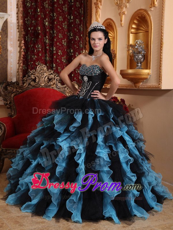 Beaded and Ruffled Quinceanera Dresses in Blue and Black 2014