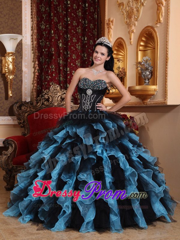 Beaded and Ruffled Quinceanera Dresses in Blue and Black 2014
