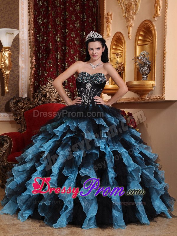 Beaded and Ruffled Quinceanera Dresses in Blue and Black 2014