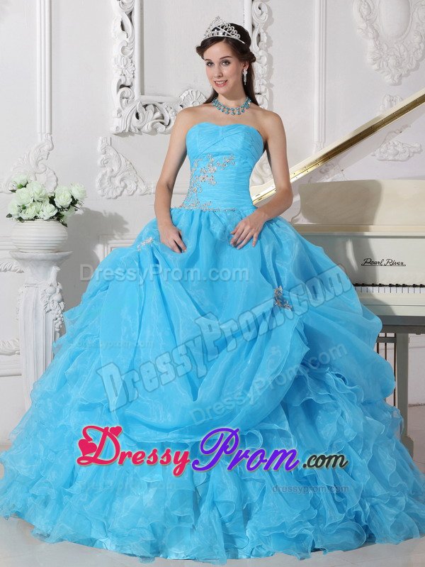 Beaded Aqua Blue Quinceanera Dresses with Ruffles and Pick ups