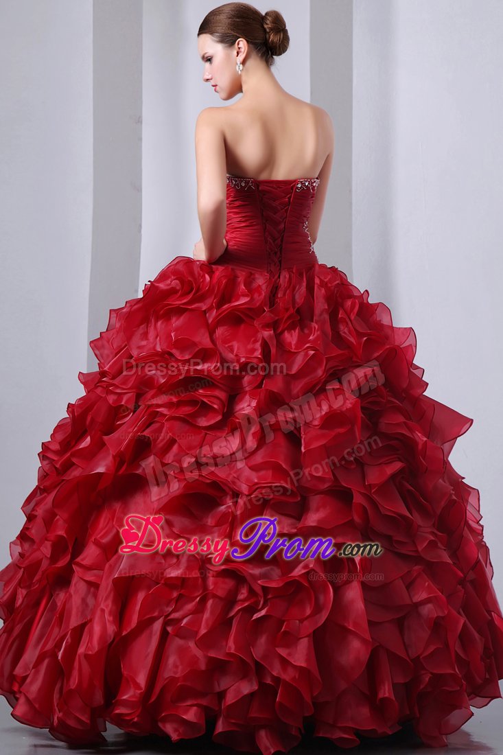 Noble Ruffled Quinceanera Dress with Beading and Ruches in Wine Red