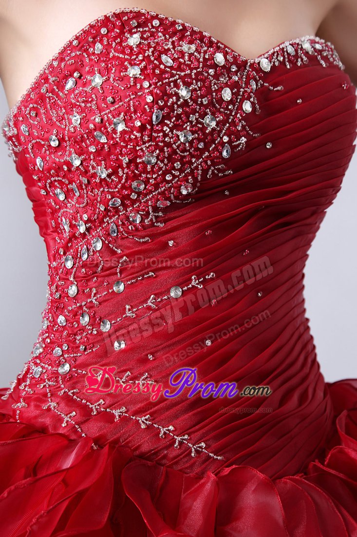Noble Ruffled Quinceanera Dress with Beading and Ruches in Wine Red
