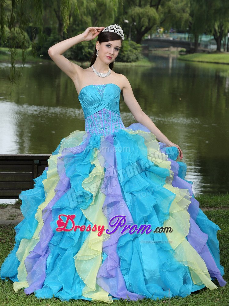 Sophiscated Strapless Ruffled Sweet 15 Dresses Ruches and Appliques