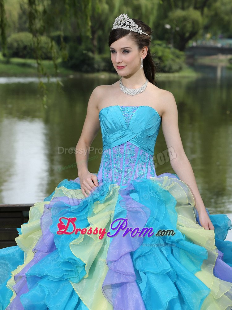 Sophiscated Strapless Ruffled Sweet 15 Dresses Ruches and Appliques