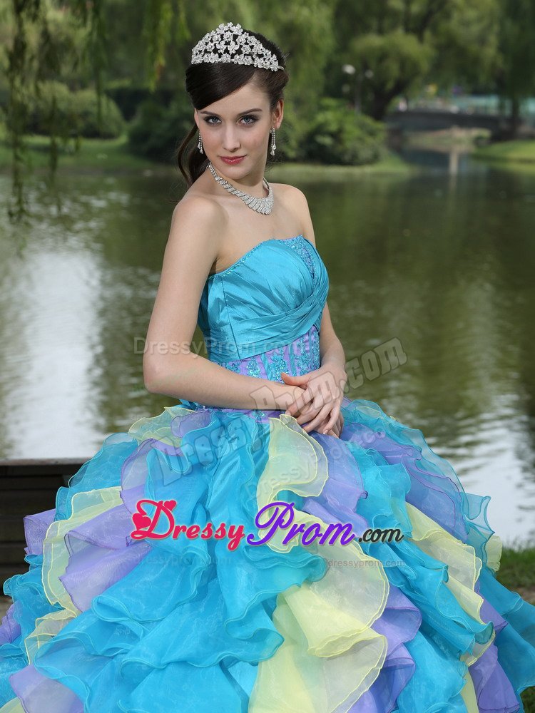 Sophiscated Strapless Ruffled Sweet 15 Dresses Ruches and Appliques
