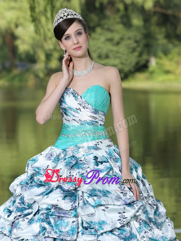 Latest Print Dress for Quinceanera Sweetheart with Ruffles Sweep Train