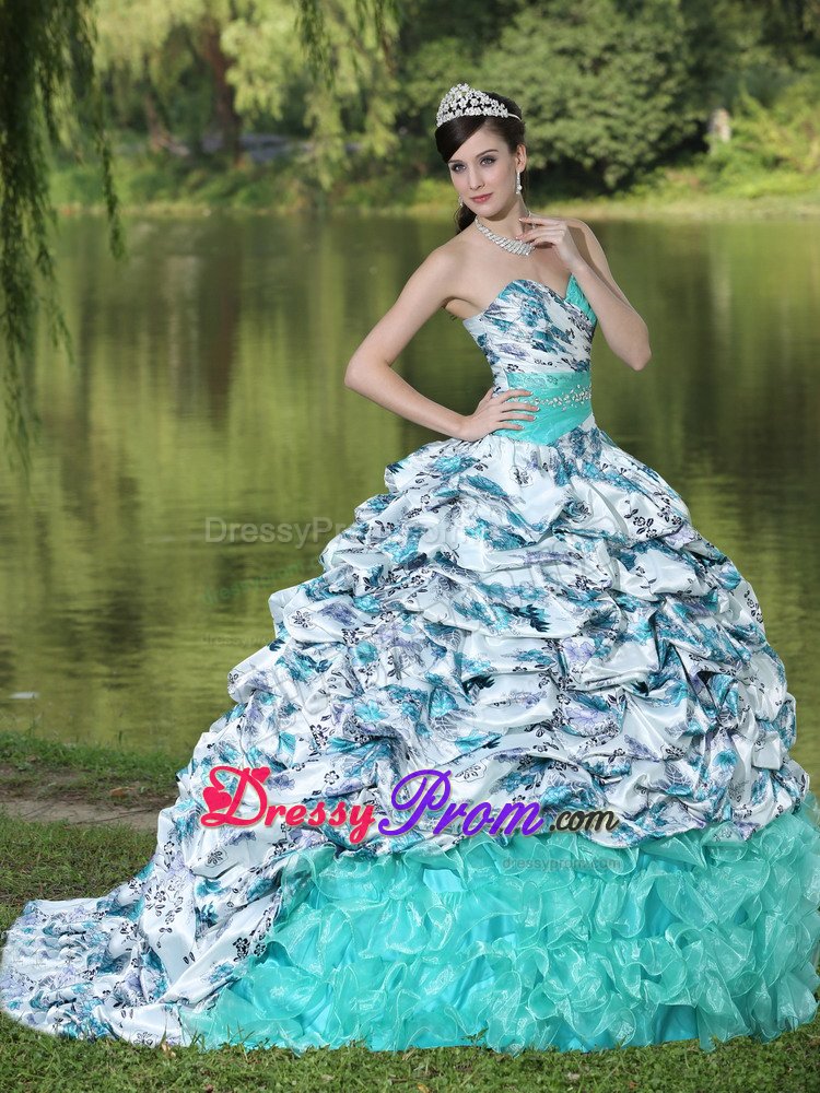 Latest Print Dress for Quinceanera Sweetheart with Ruffles Sweep Train