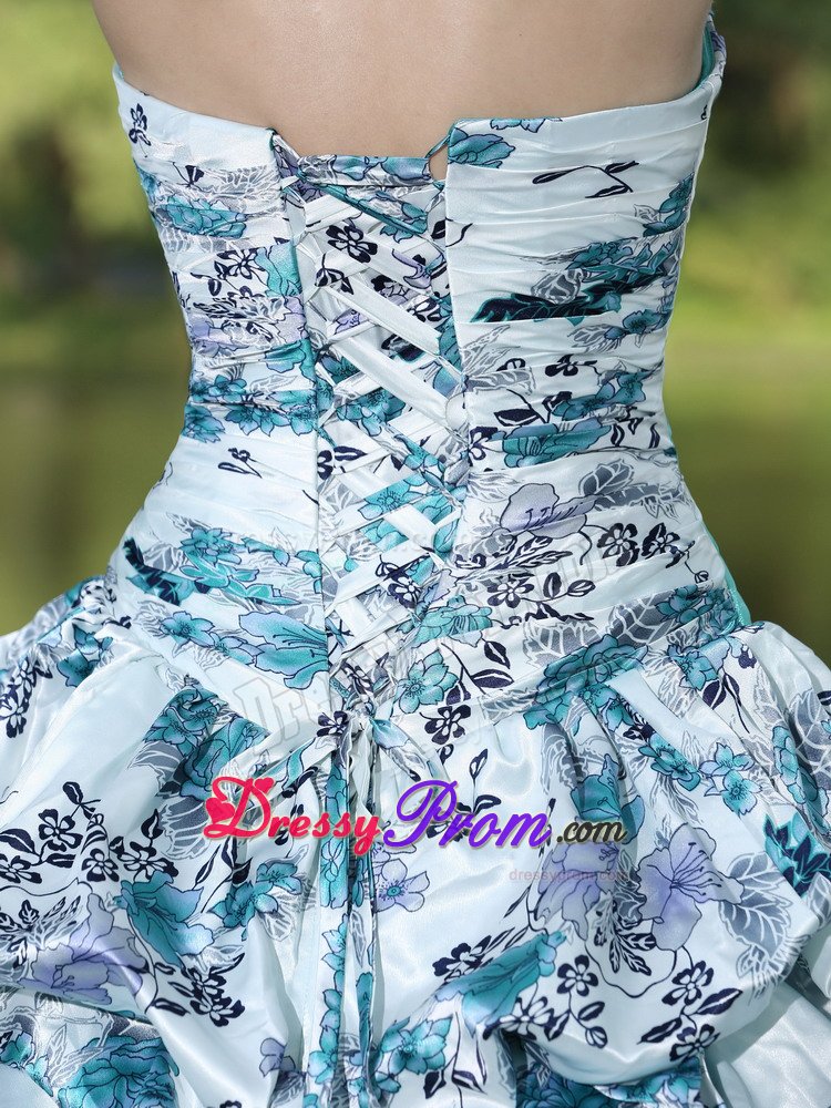 Latest Print Dress for Quinceanera Sweetheart with Ruffles Sweep Train