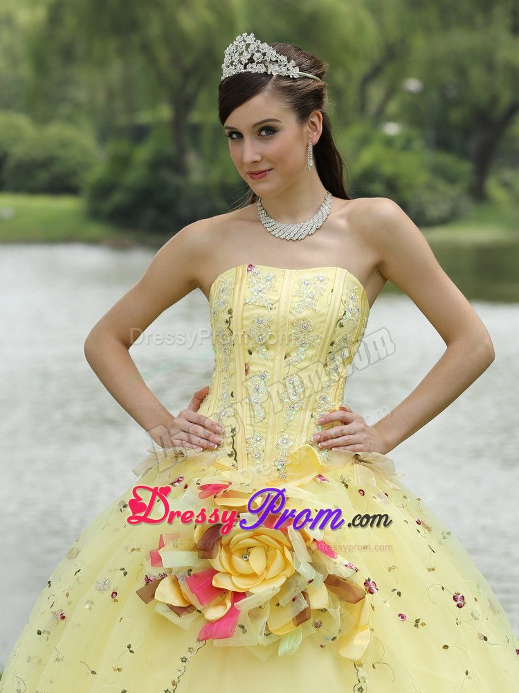 Yellow Quinceanera Gowns with Embroidery and Hand Made Flowers