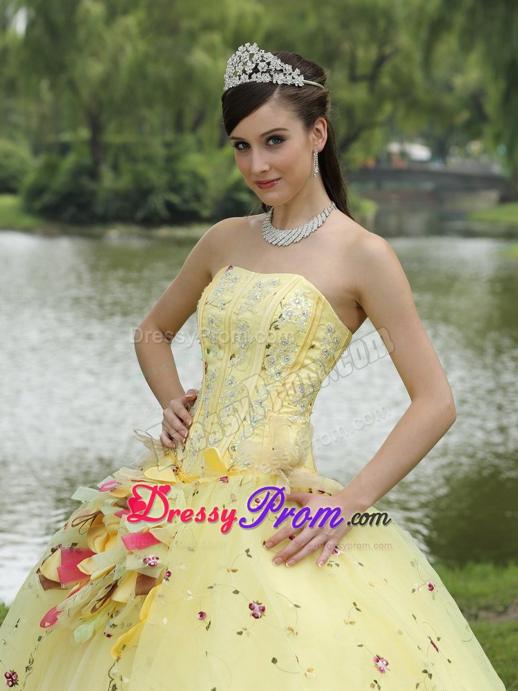 Yellow Quinceanera Gowns with Embroidery and Hand Made Flowers