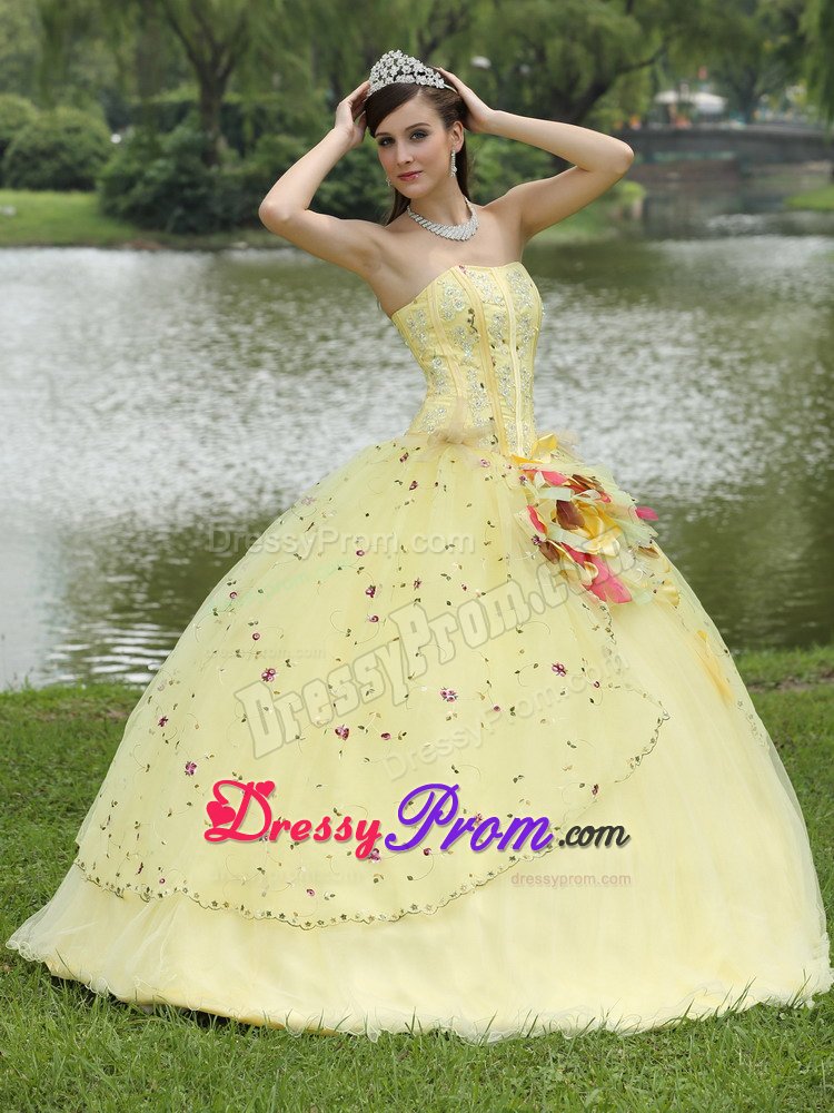 Yellow Quinceanera Gowns with Embroidery and Hand Made Flowers