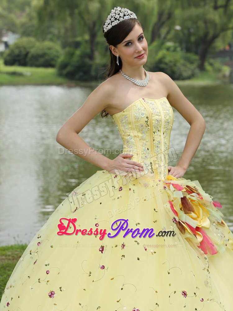 Yellow Quinceanera Gowns with Embroidery and Hand Made Flowers