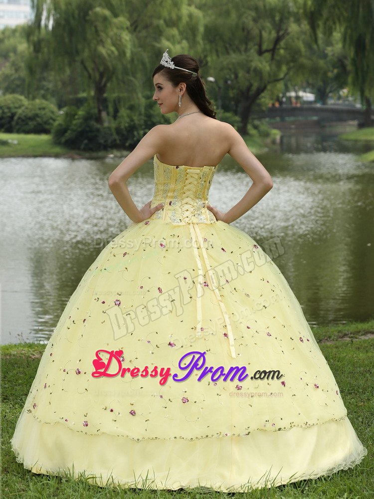 Yellow Quinceanera Gowns with Embroidery and Hand Made Flowers