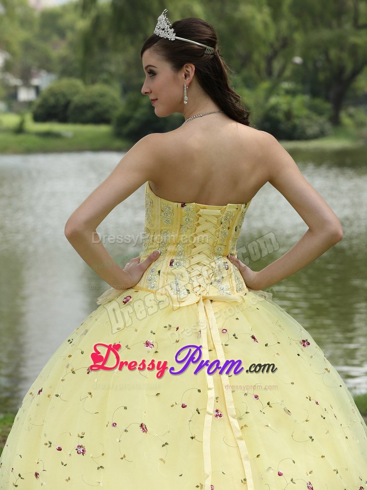 Yellow Quinceanera Gowns with Embroidery and Hand Made Flowers