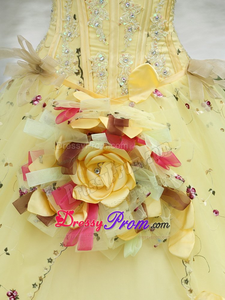 Yellow Quinceanera Gowns with Embroidery and Hand Made Flowers