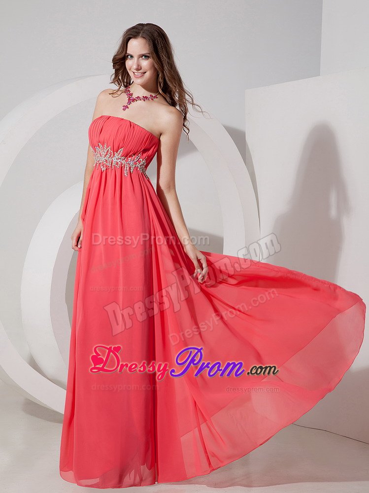 Ruche Strapless Prom Gown Dress Beading Waist Floor-length Watermelon