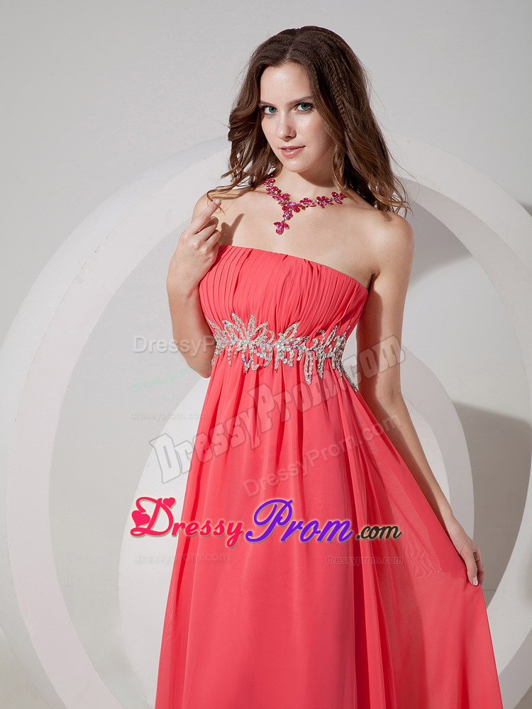 Ruche Strapless Prom Gown Dress Beading Waist Floor-length Watermelon