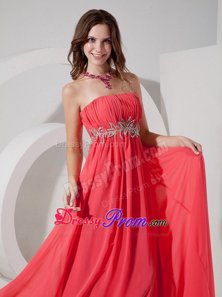 Ruche Strapless Prom Gown Dress Beading Waist Floor-length Watermelon
