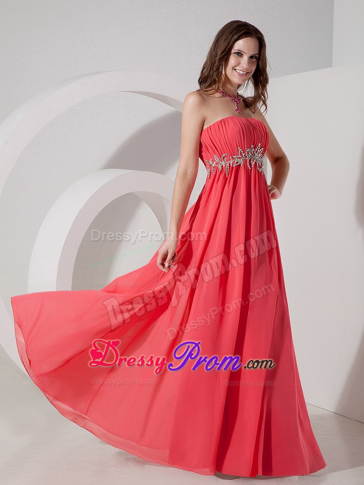 Ruche Strapless Prom Gown Dress Beading Waist Floor-length Watermelon