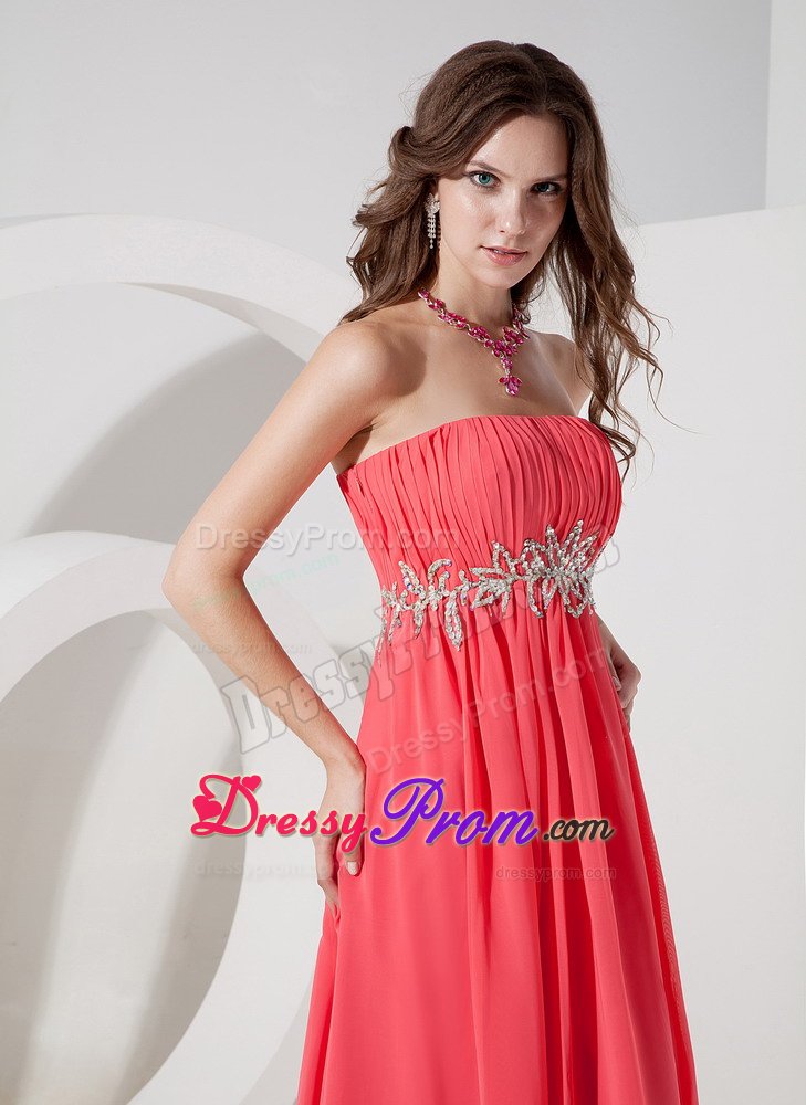 Ruche Strapless Prom Gown Dress Beading Waist Floor-length Watermelon