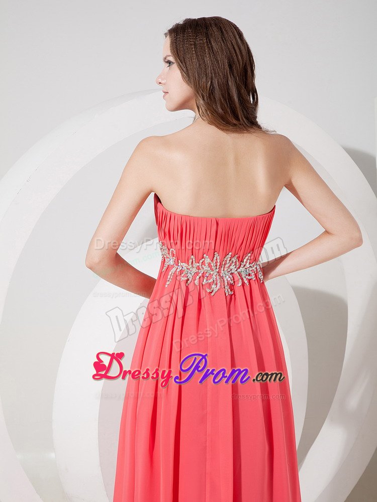 Ruche Strapless Prom Gown Dress Beading Waist Floor-length Watermelon