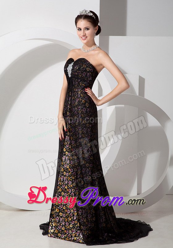 Beaded Dress for Prom Strapless Sweetheart Brush Train with Flower Print