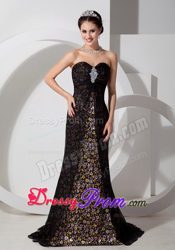 Beaded Dress for Prom Strapless Sweetheart Brush Train with Flower Print