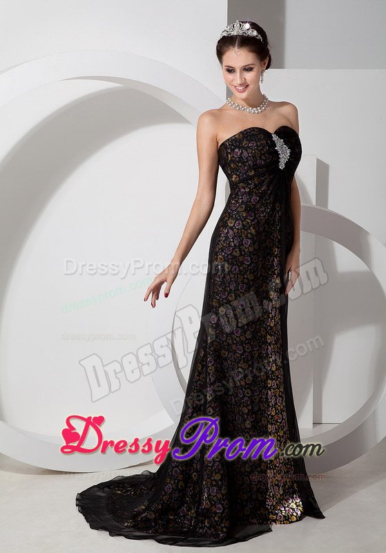 Beaded Dress for Prom Strapless Sweetheart Brush Train with Flower Print