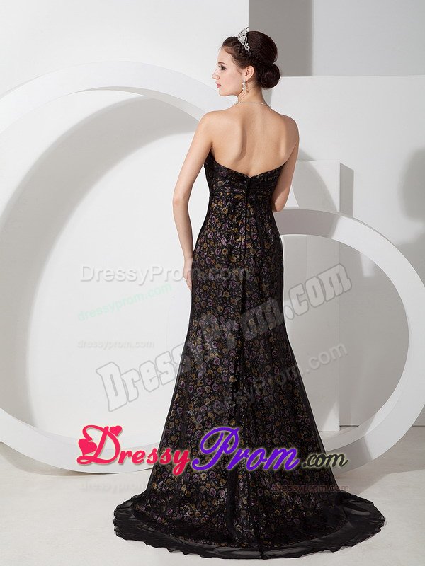 Beaded Dress for Prom Strapless Sweetheart Brush Train with Flower Print