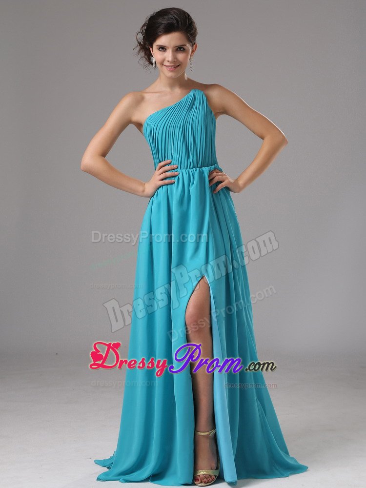 Graceful Ruched One Shoulder Prom Evening Dresses High Slit Sweep Train