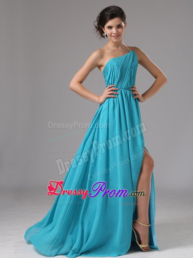 Graceful Ruched One Shoulder Prom Evening Dresses High Slit Sweep Train