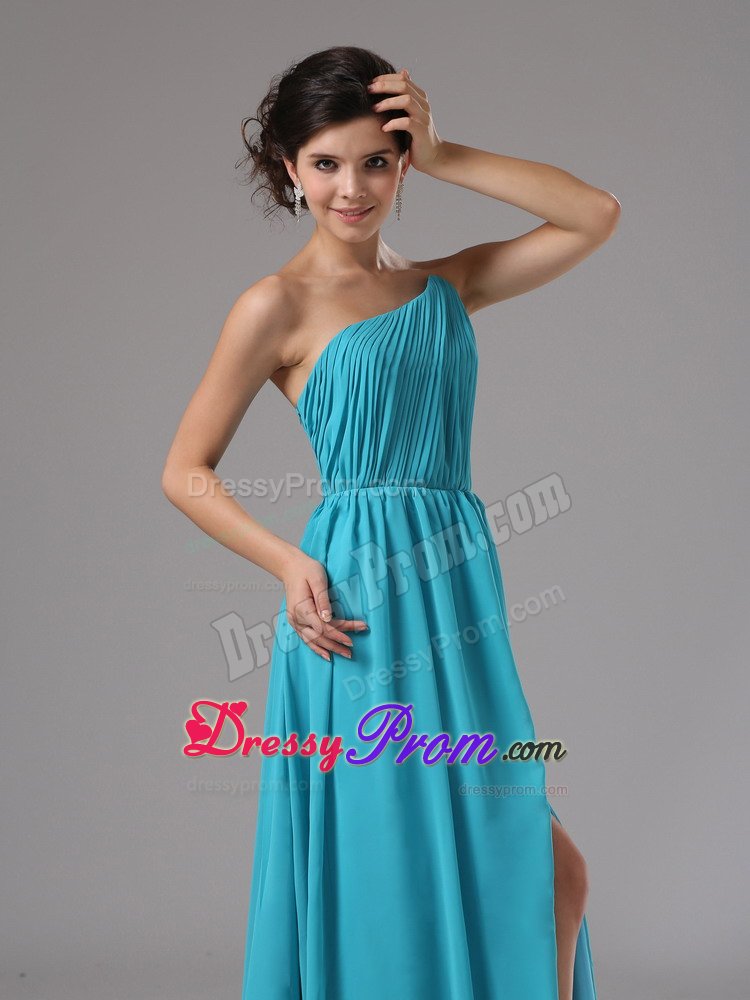 Graceful Ruched One Shoulder Prom Evening Dresses High Slit Sweep Train