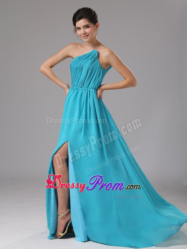 Graceful Ruched One Shoulder Prom Evening Dresses High Slit Sweep Train