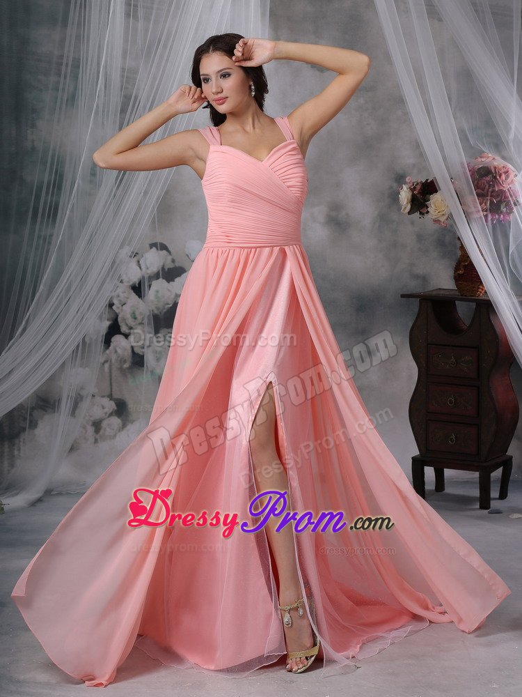 Romantic Brush Train Prom Homecoming Dress Ruches with Slit on the Side