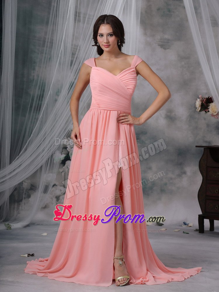 Romantic Brush Train Prom Homecoming Dress Ruches with Slit on the Side