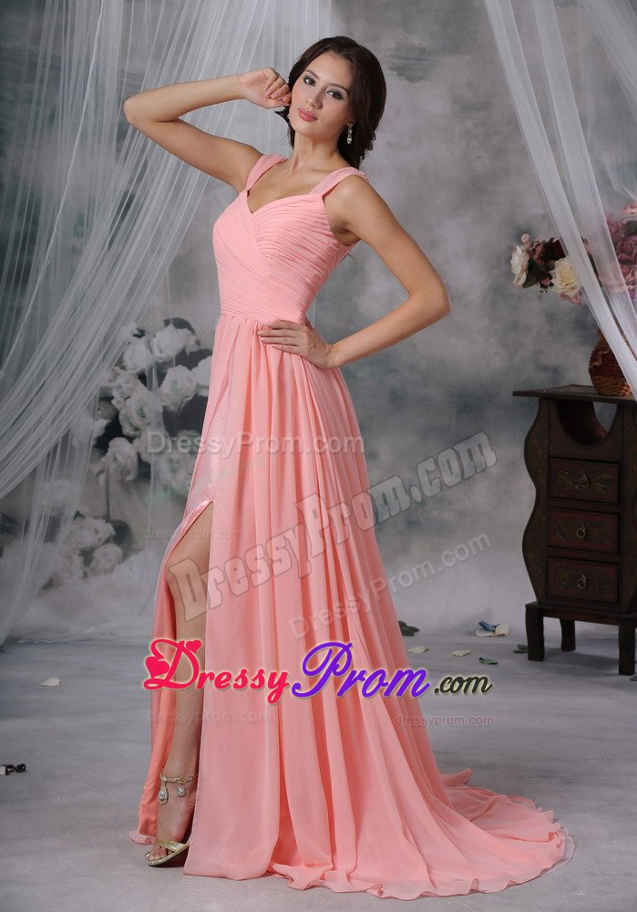 Romantic Brush Train Prom Homecoming Dress Ruches with Slit on the Side