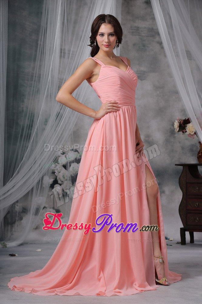 Romantic Brush Train Prom Homecoming Dress Ruches with Slit on the Side
