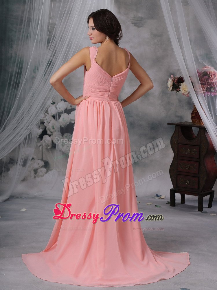 Romantic Brush Train Prom Homecoming Dress Ruches with Slit on the Side