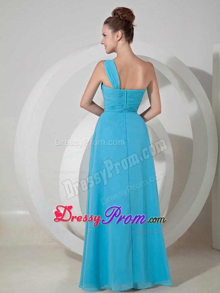 Fashionable One Shoulder Ruched High Slit Prom Gown Appliques Chiffon