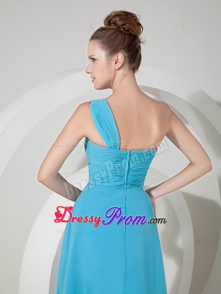 Fashionable One Shoulder Ruched High Slit Prom Gown Appliques Chiffon