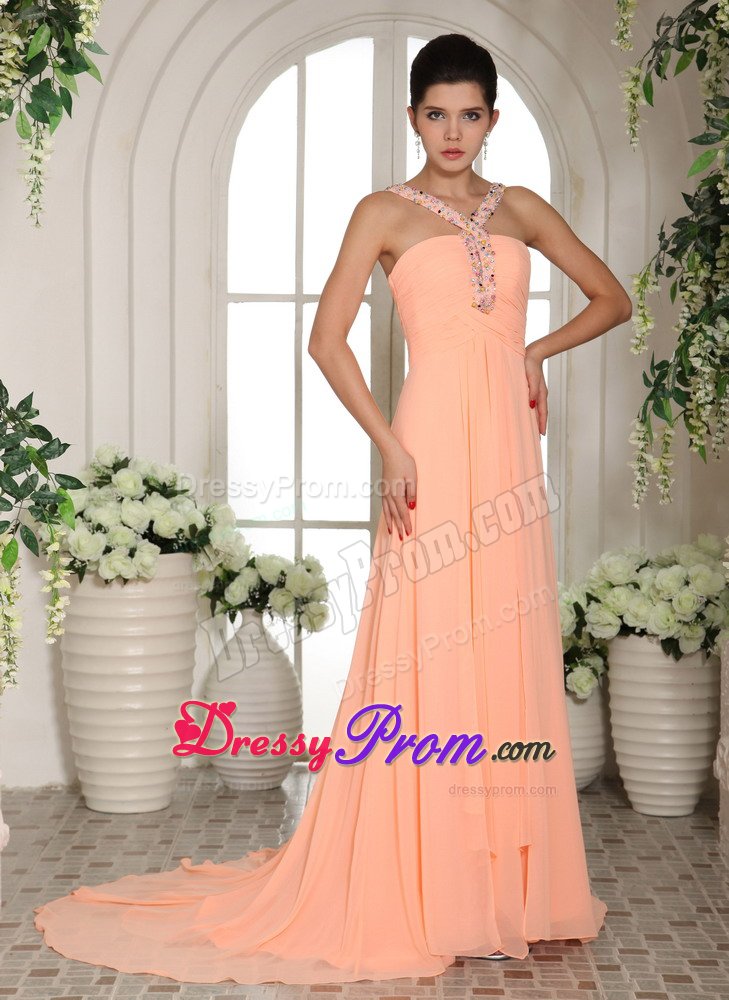 Brush Train Prom Gown Beaded V-neck Chiffon in Sao Jose Dos Pinhais