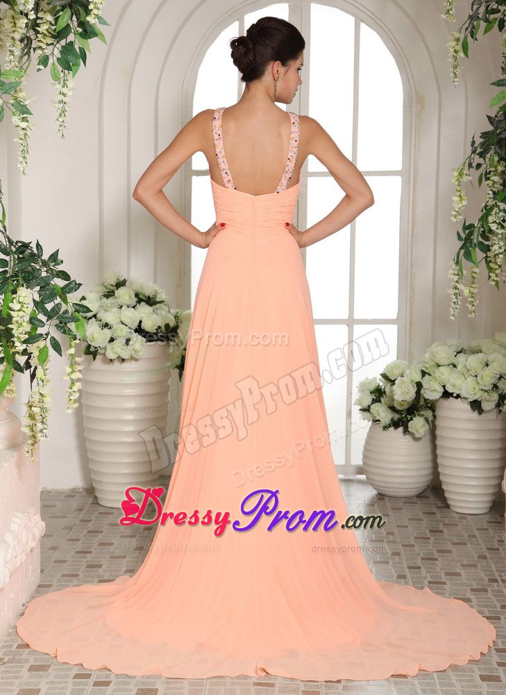 Brush Train Prom Gown Beaded V-neck Chiffon in Sao Jose Dos Pinhais