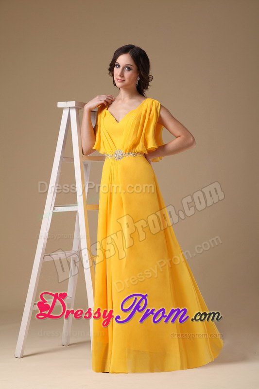 Graceful V-neck Prom Dresses for Ladies Beading Floor-length in Chiffon
